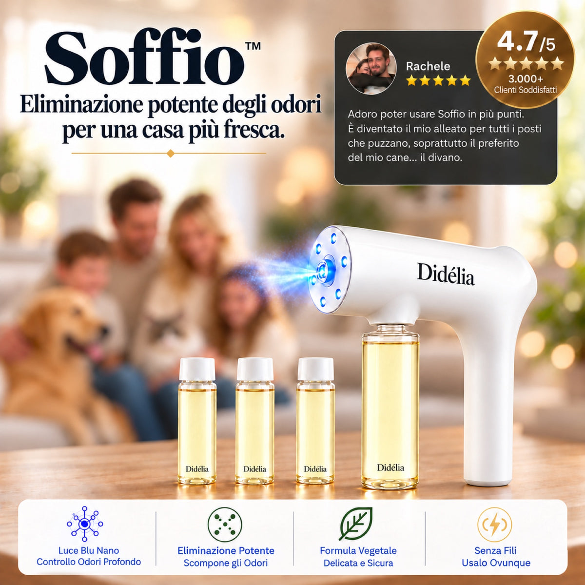 Soffio™ — L'Eliminatore di Odori a Luce Blu per Animali e Casa