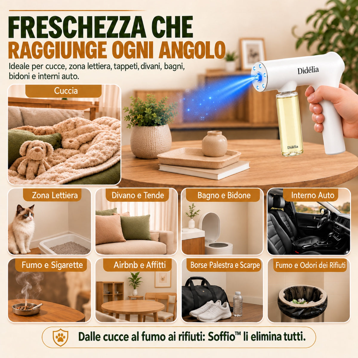 Soffio™ — L'Eliminatore di Odori a Luce Blu per Animali e Casa